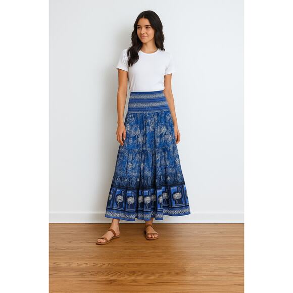 Celina Moon SZ S 100% Cotton Smocked Waist Maxi Skirt Blue Flamingo Print NWT - Picture 2 of 6